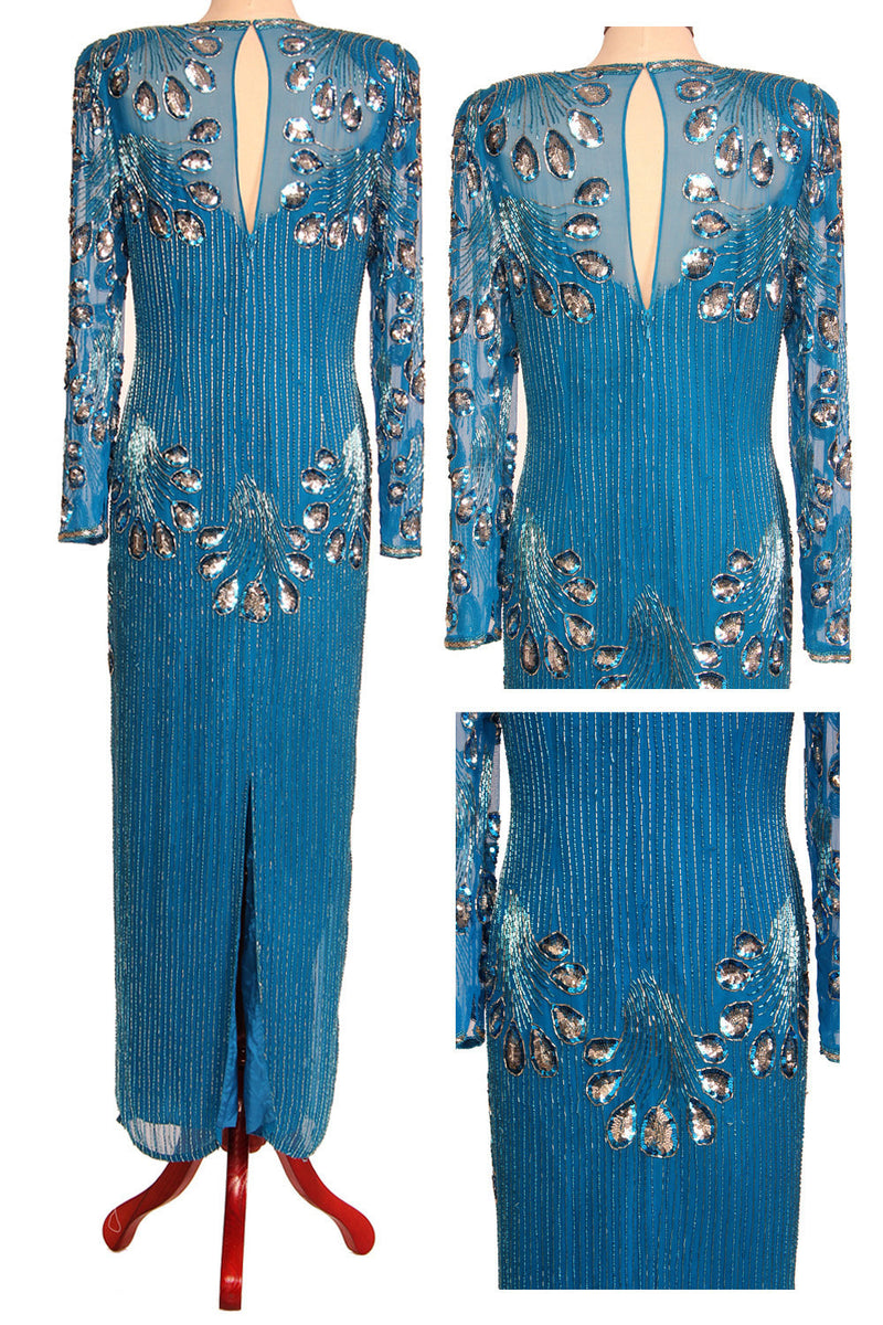 80s Turquoise Peacock Beaded Maxi Dress
