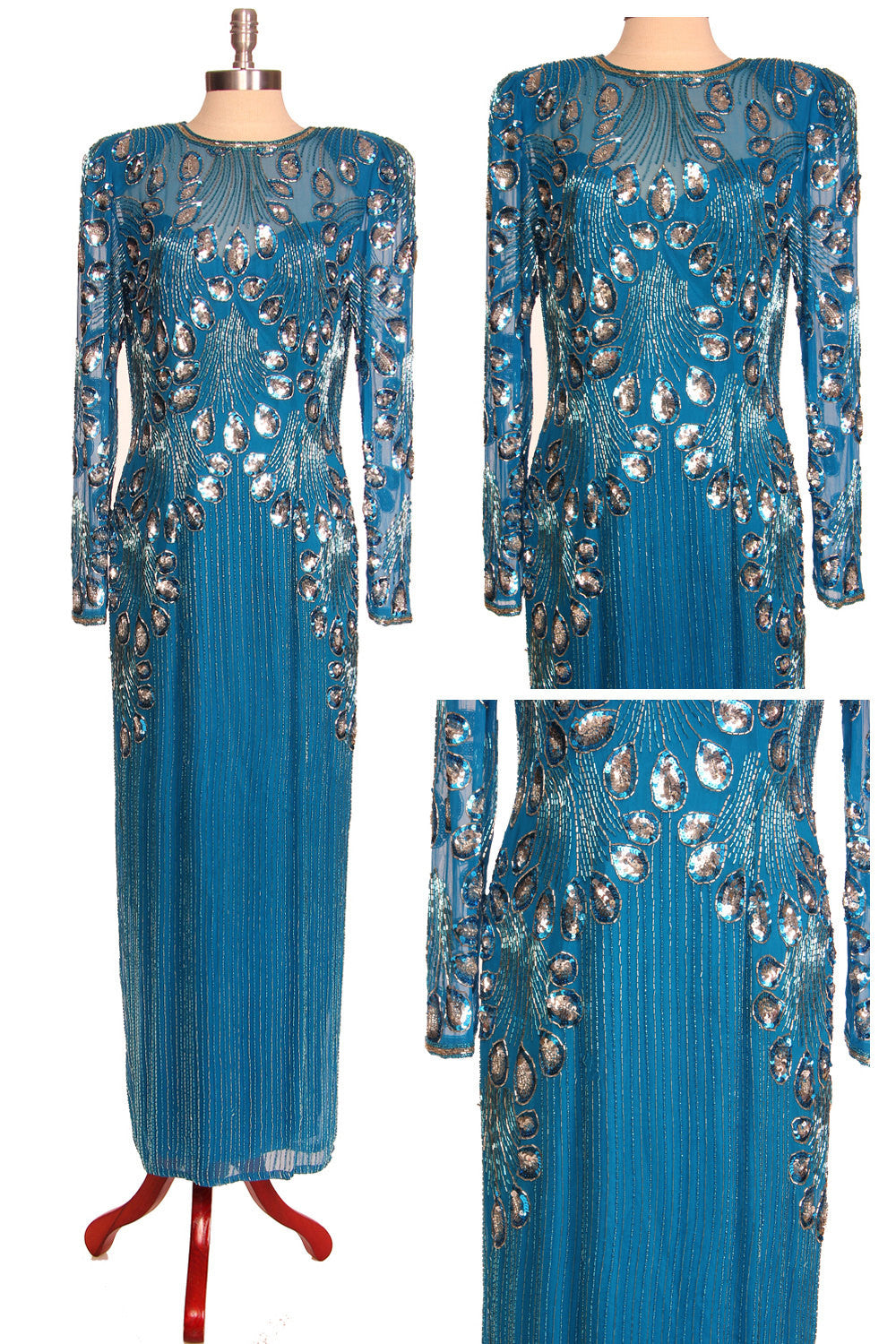 80s Turquoise Peacock Beaded Maxi Dress