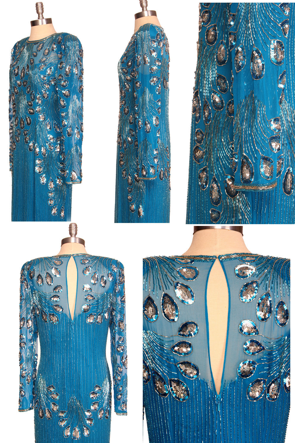 80s Turquoise Peacock Beaded Maxi Dress