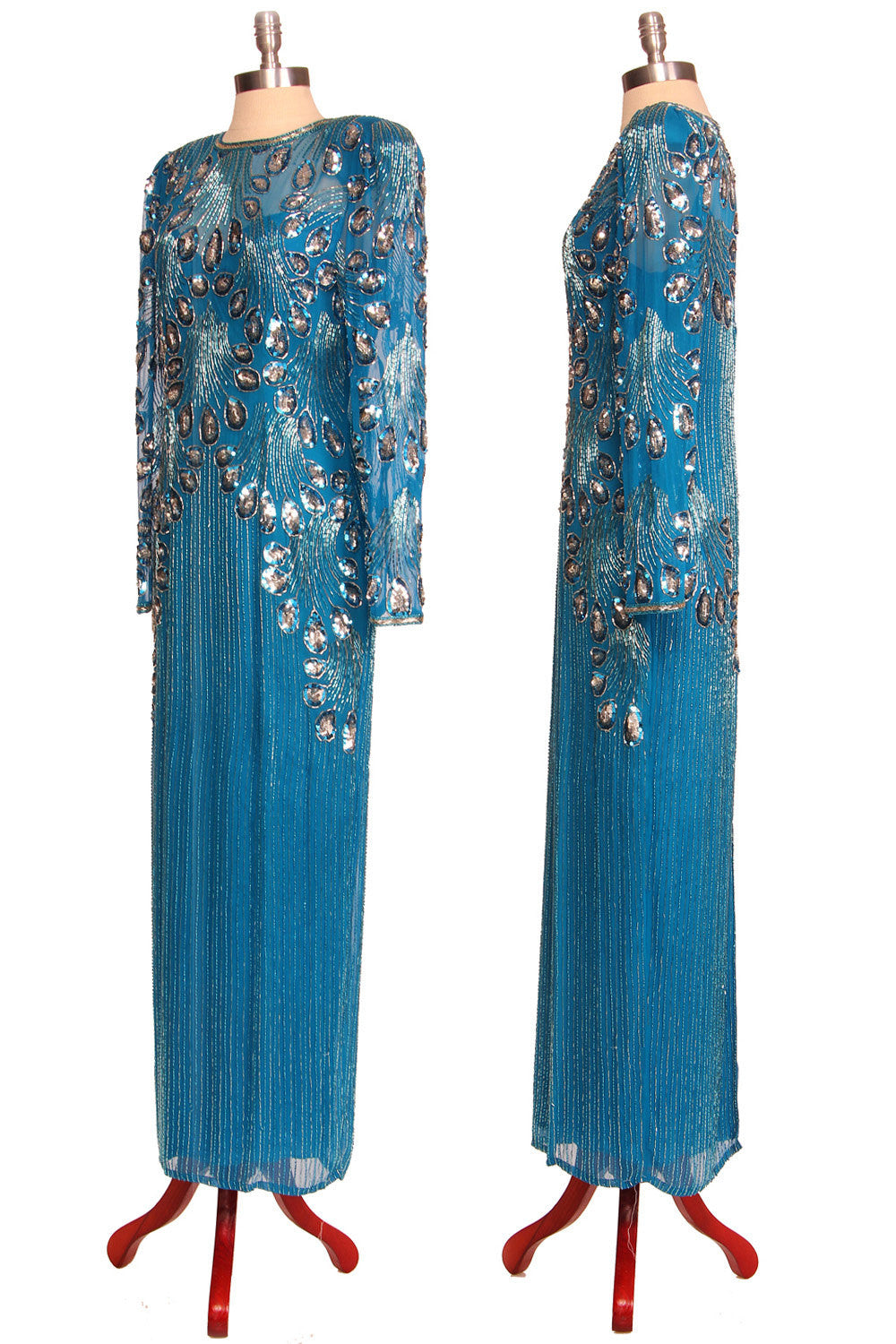 80s Turquoise Peacock Beaded Maxi Dress