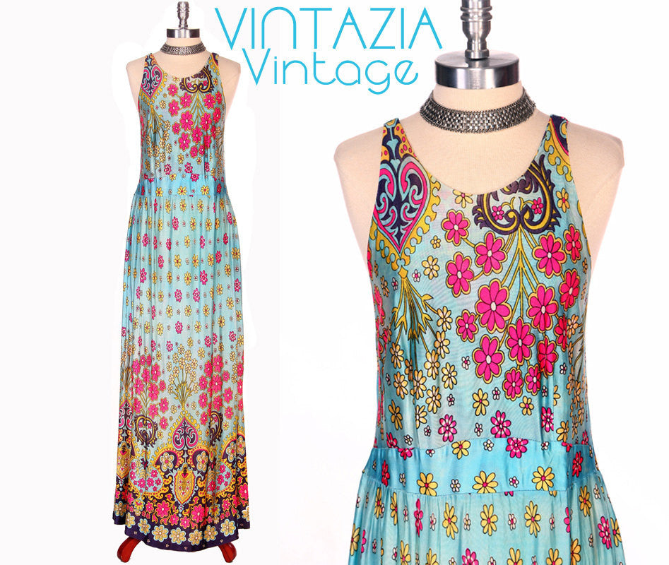 70s Turquoise Floral Slinky Maxi Dress