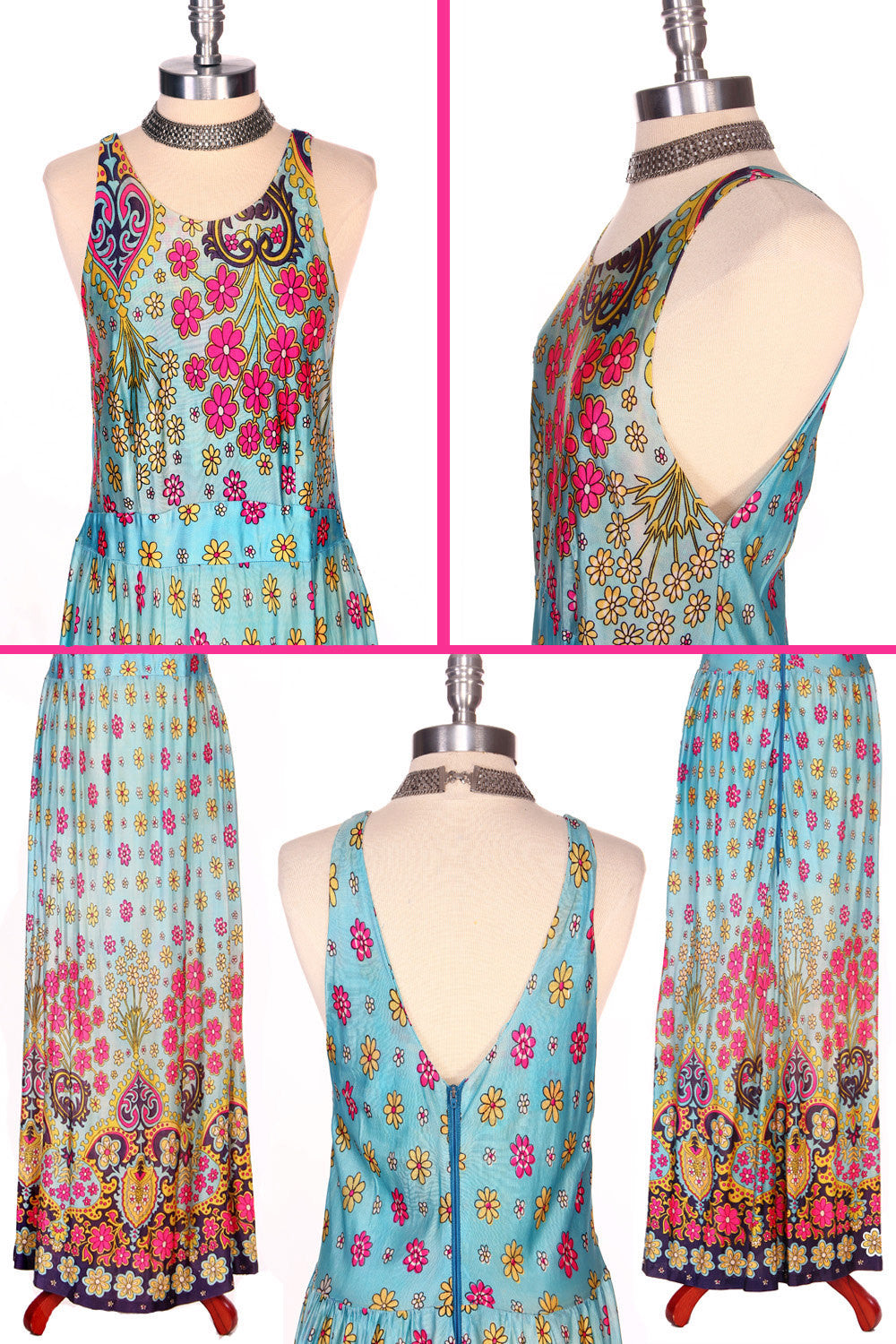 70s Turquoise Floral Slinky Maxi Dress