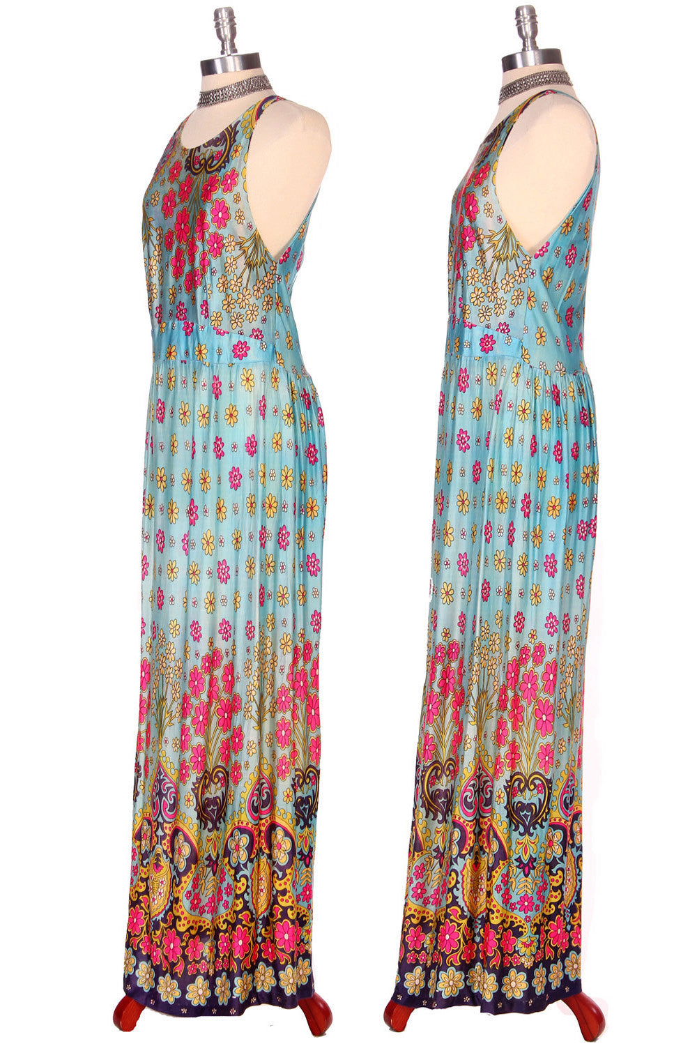 70s Turquoise Floral Slinky Maxi Dress