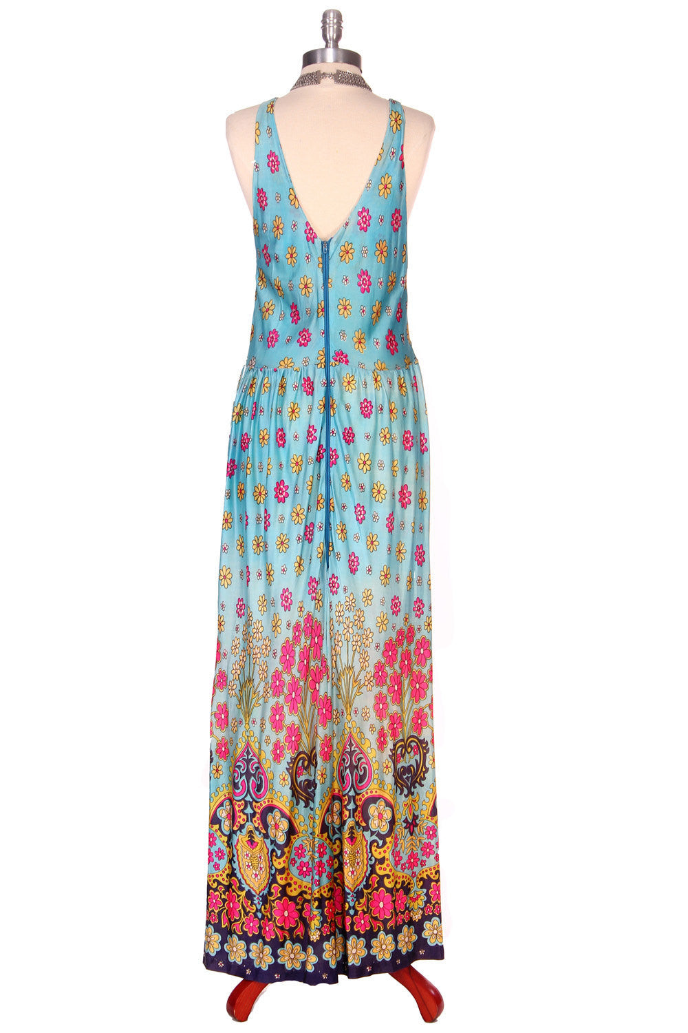 70s Turquoise Floral Slinky Maxi Dress