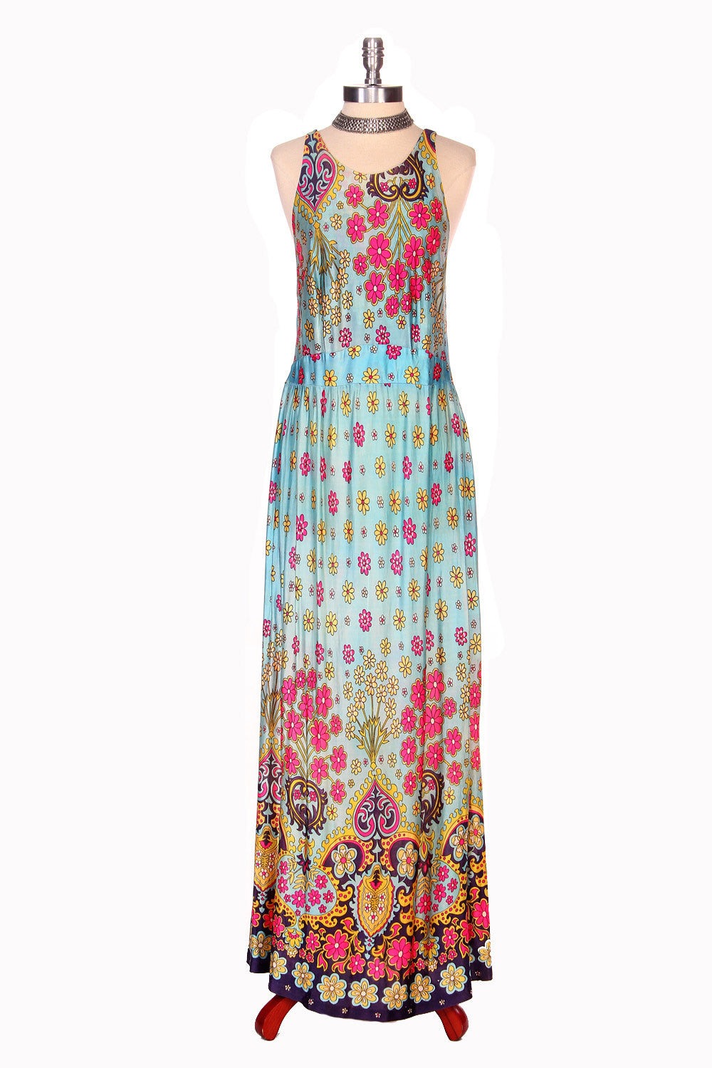 70s Turquoise Floral Slinky Maxi Dress