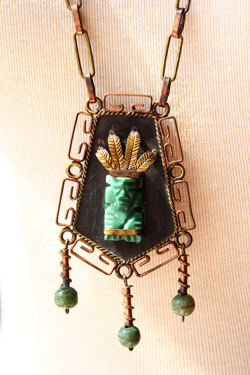 30s Copper Brass Signed Pendant Aztec Necklace