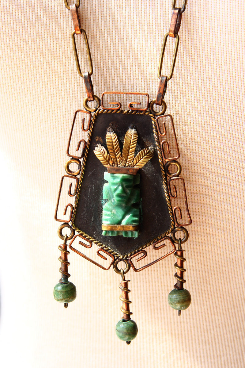 Vtg 30s Copper Brass Signed Indian Jade Pendant Aztec Necklace