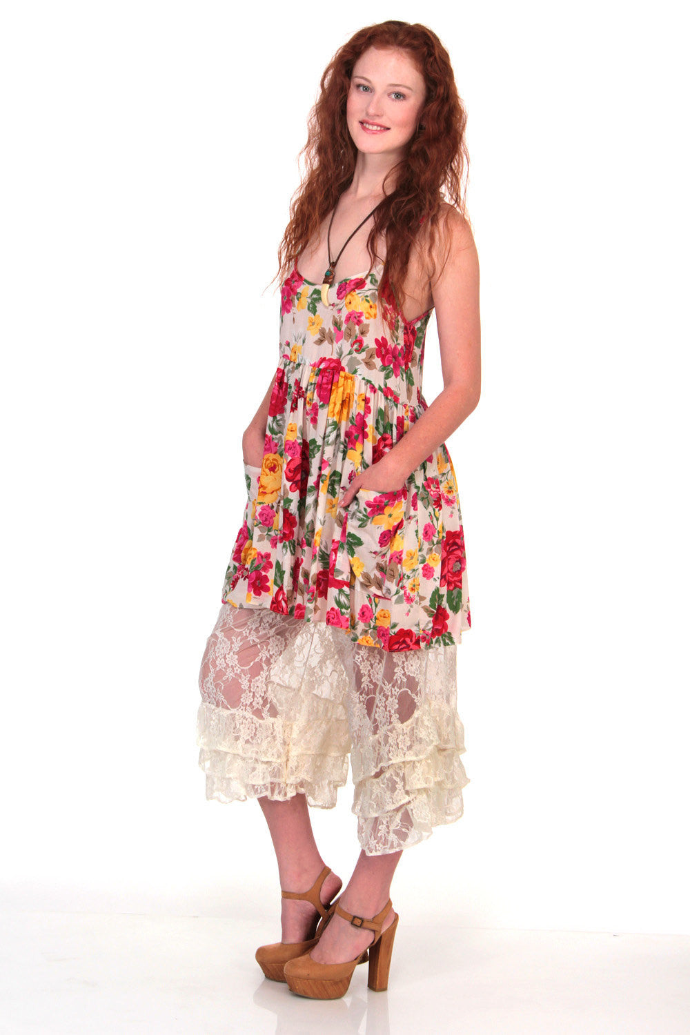 Rose Floral Babydoll Boho Mini Dress with Pockets