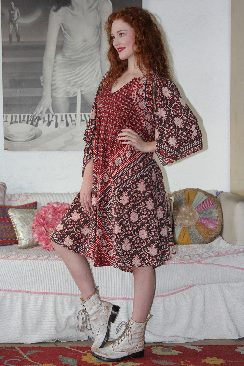 70s Ethnic Batik Bell Sleeve Dress