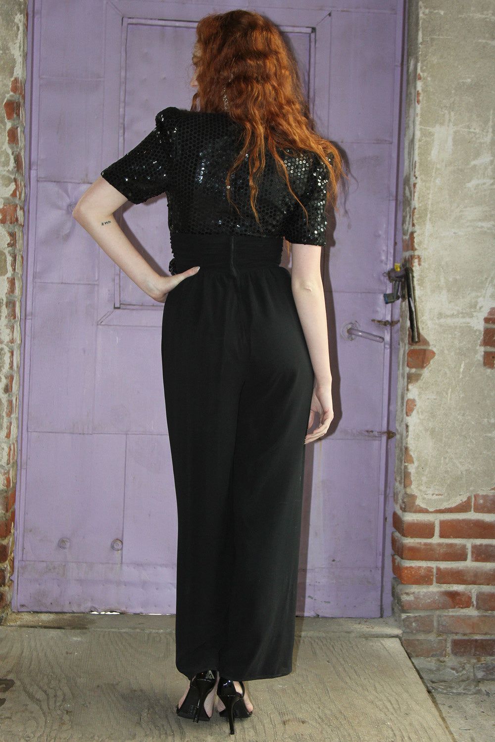 80s Black Sequin Onesie Jumpsuit