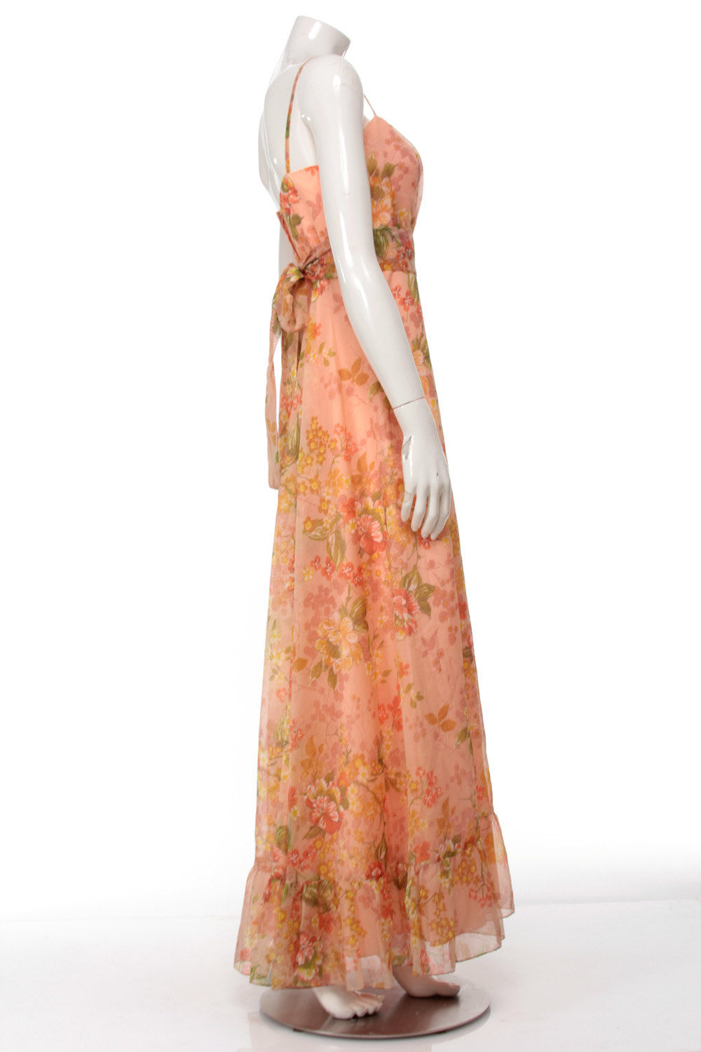 70s Peach Floral Tie Back Maxi Dress