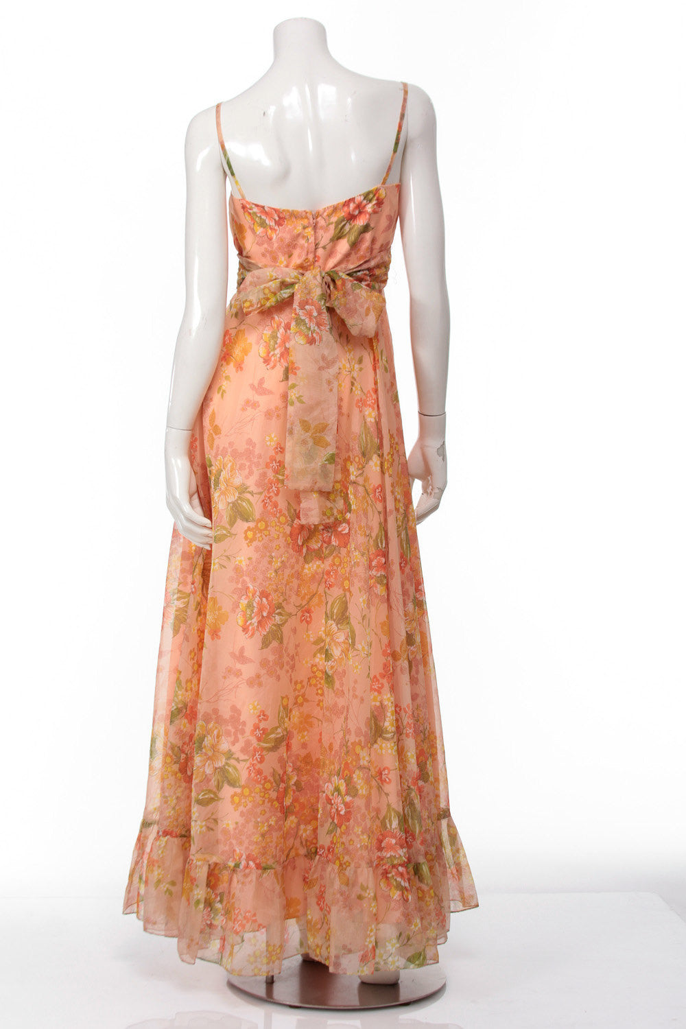 70s Peach Floral Tie Back Maxi Dress