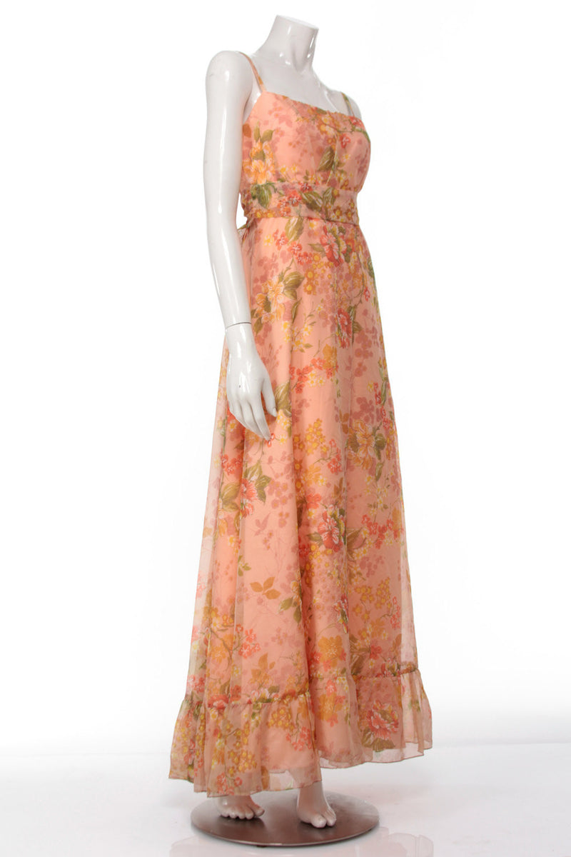 70s Peach Floral Tie Back Maxi Dress