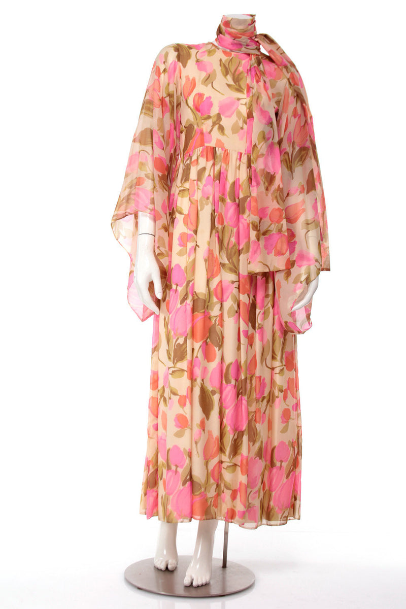 1950s Goddess Floral Bell Sleeve Maxi Dress