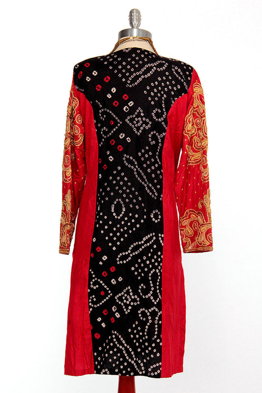 70s Red and Gold Heavily Beaded Batik Jacket