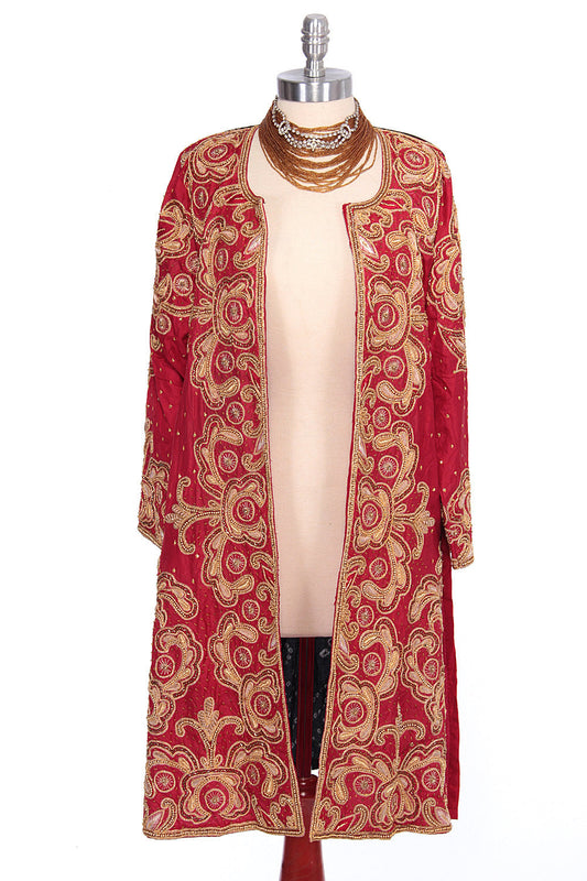 70s Red and Gold Heavily Beaded Batik Jacket
