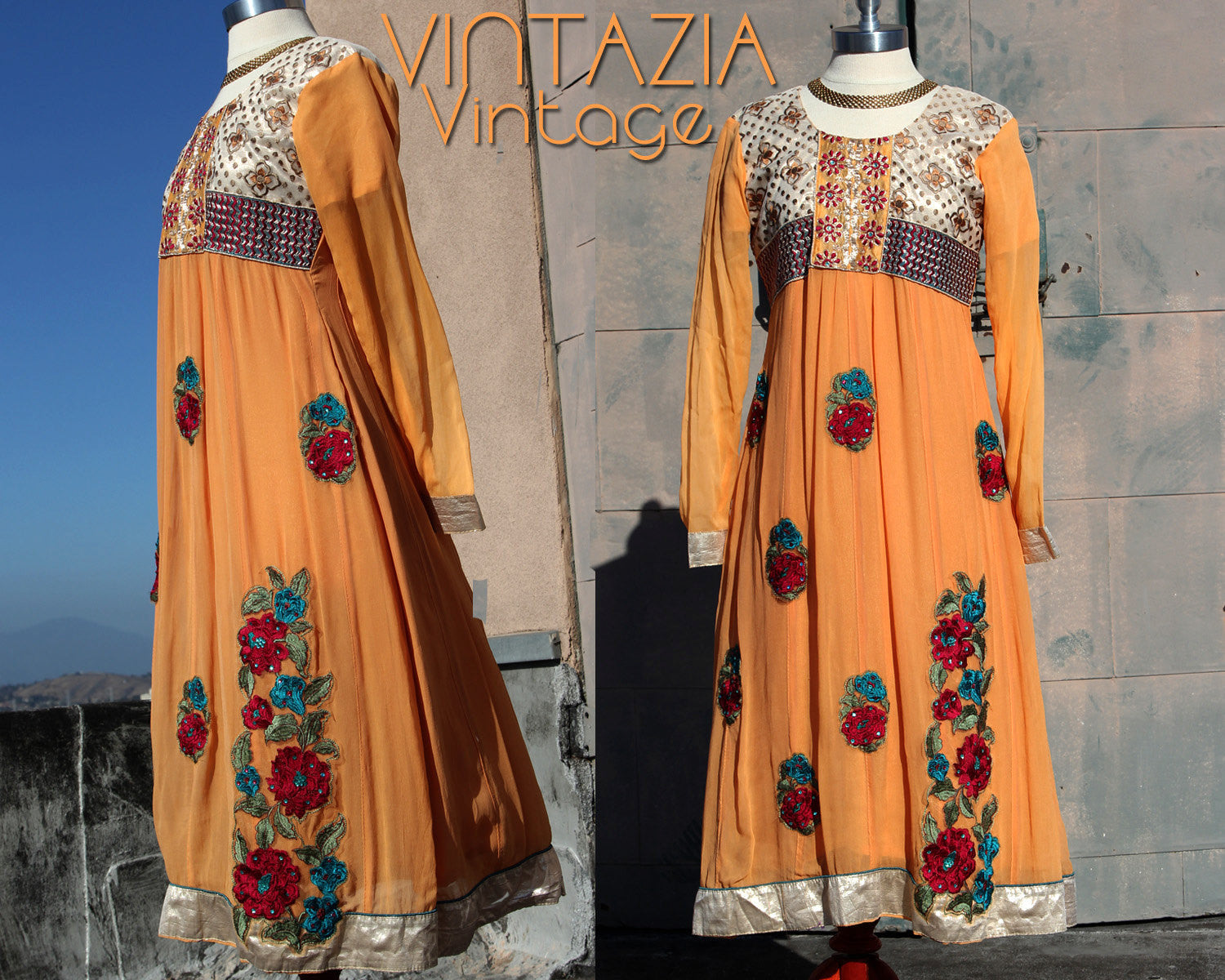 Vtg 70s Indian Metallic Embroidered Dress