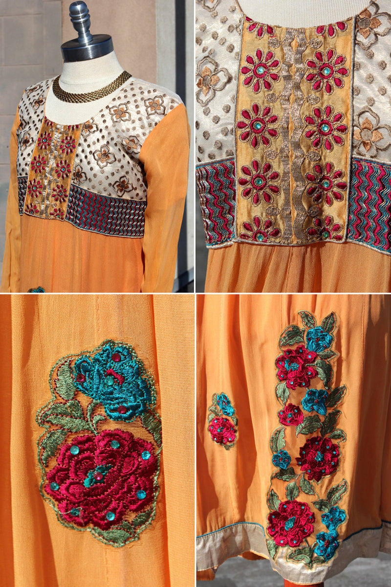 Vtg 70s Indian Metallic Embroidered Dress