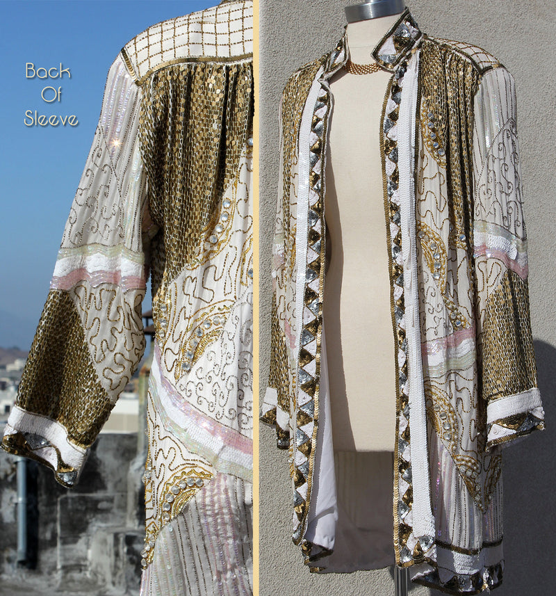 80s White Heavily Beaded Art Deco Jacket