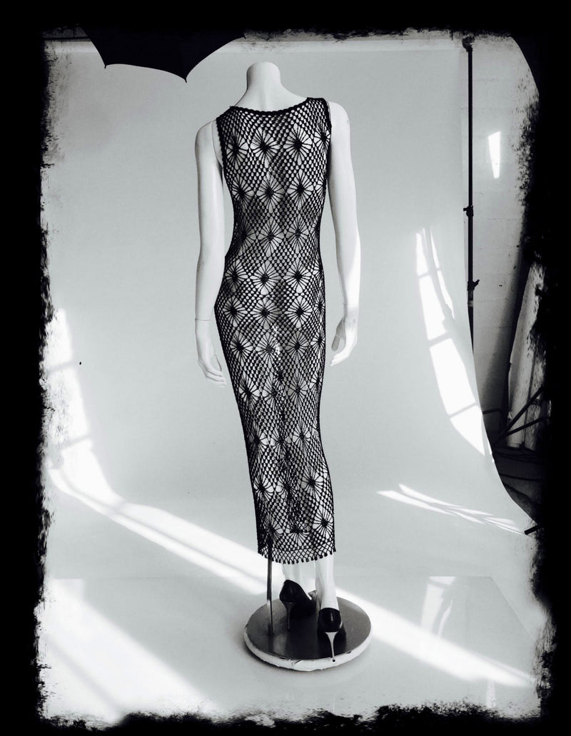 80s Black Crochet Fringed Maxi Dress