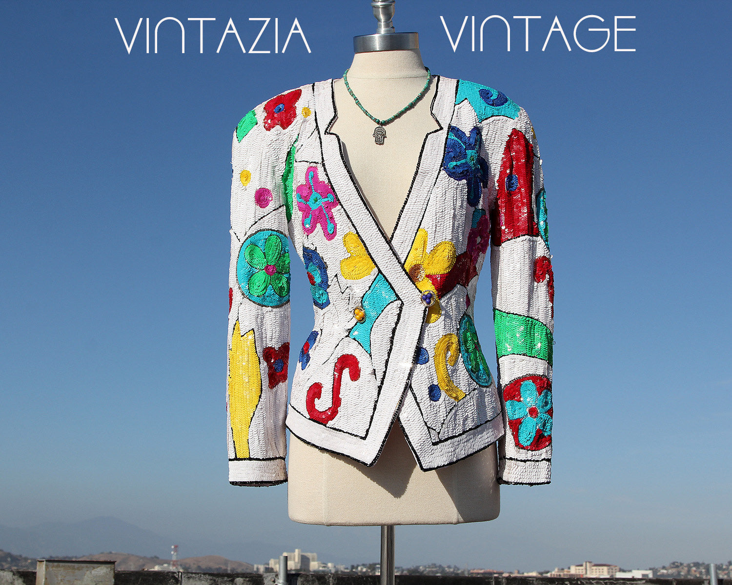 80s White Bold Abstract Sequin Jacket Blazer