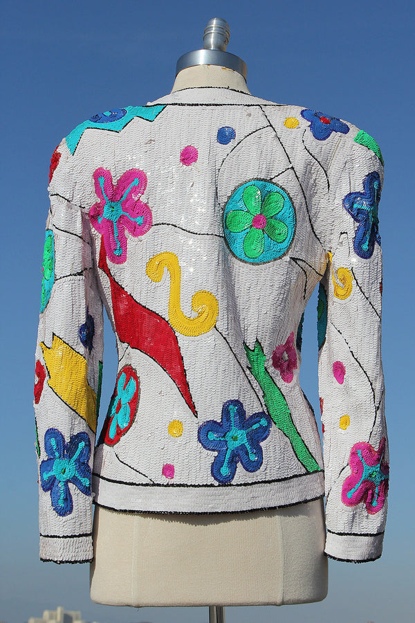 Vtg 80s White Floral Sequin Jacket Blazer