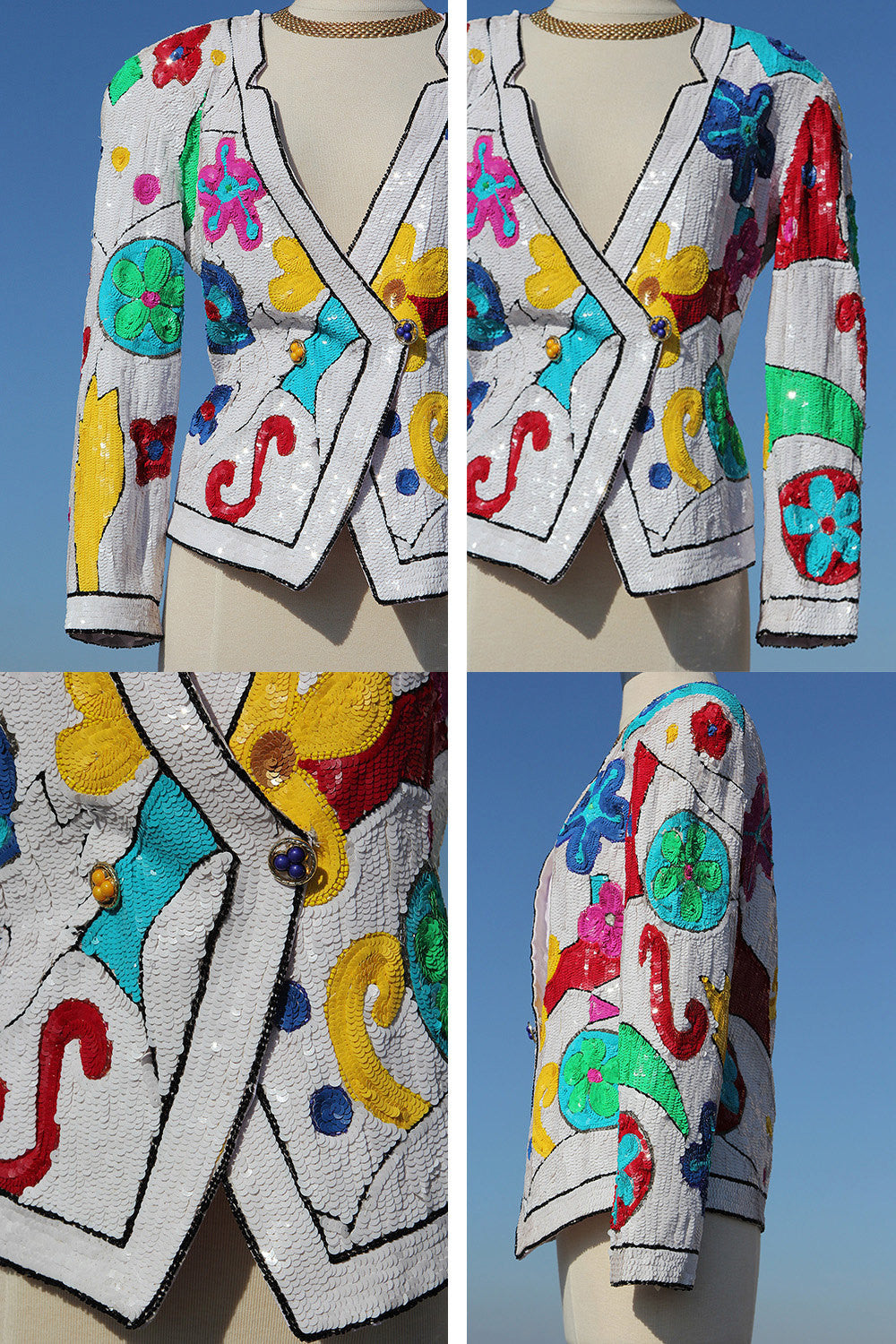 80s White Bold Abstract Sequin Jacket Blazer