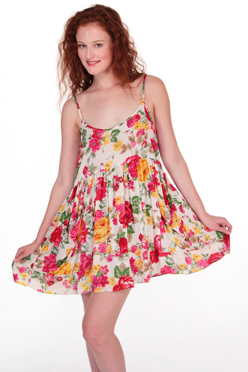 Rose Floral Babydoll Boho Mini Dress with Pockets
