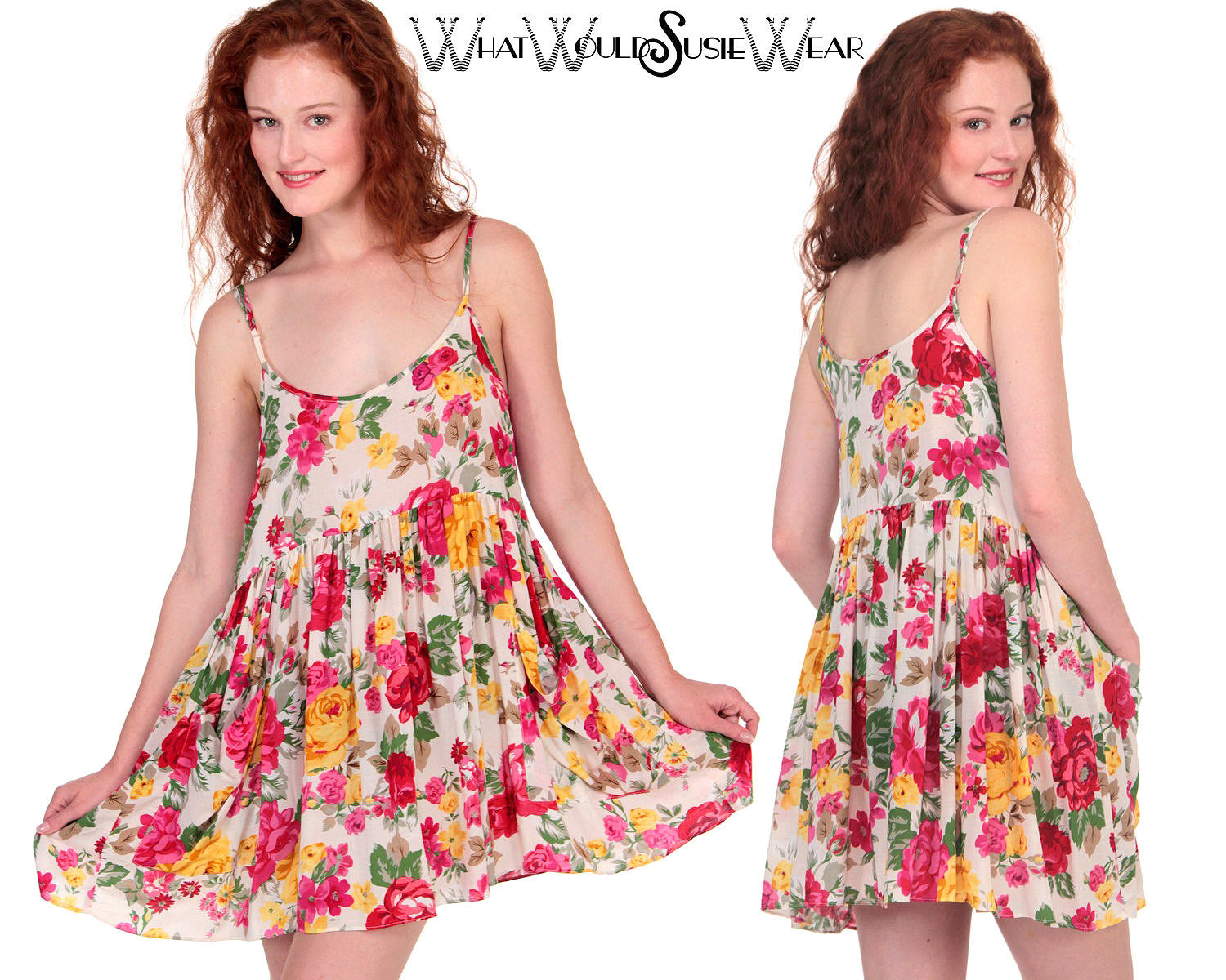 Rose Floral Babydoll Boho Mini Dress with Pockets